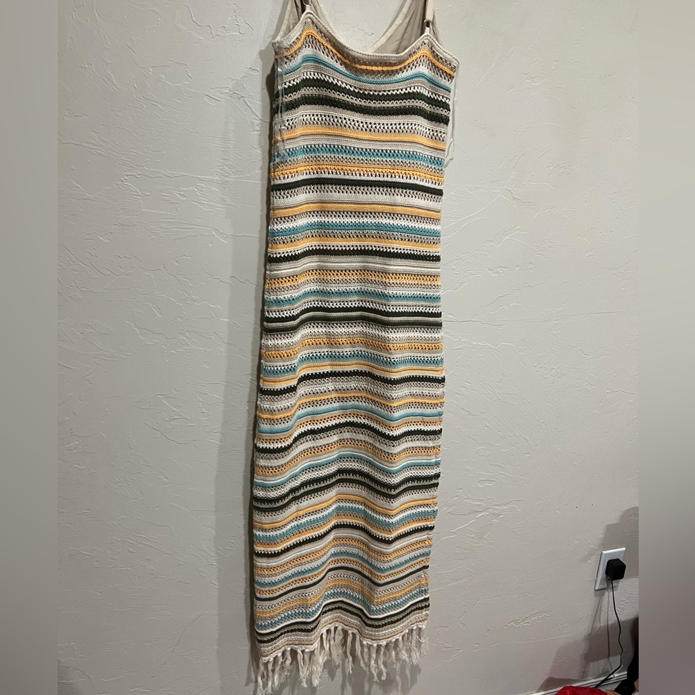 Womens Multi Color Striped Crochet Knit Midi Dress Fringe Hem V-Neck M Festival - Picture 6 of 8